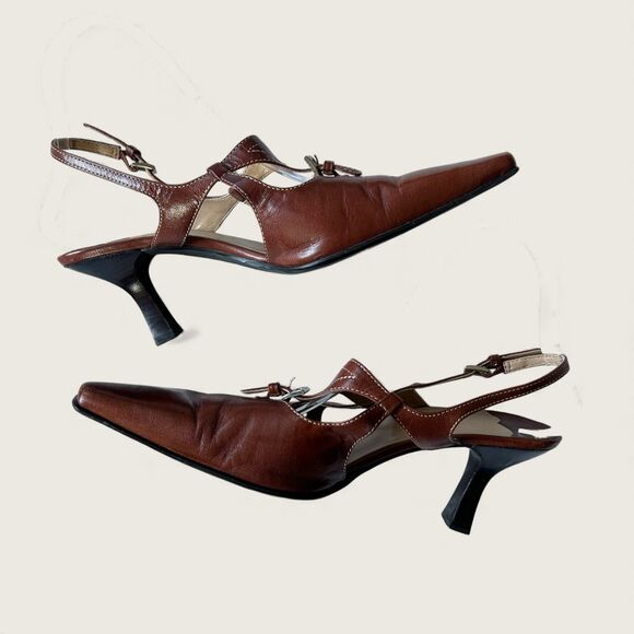 Y2k Vintage Franco Sarto Brown Leather Slingback Heels T-Strap Pointed Toe 7.5 - Picture 3 of 7